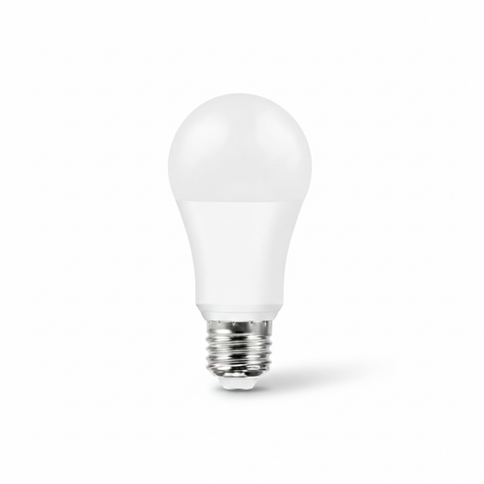 Bombilla LED E27 Falasys blanca mate con base metálica vista frontal sobre fondo blanco