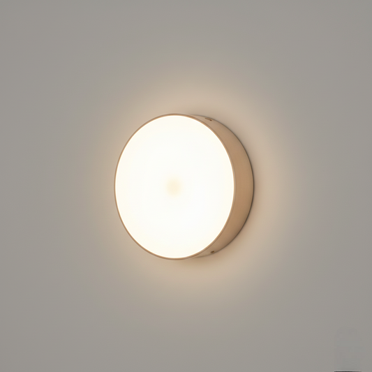 Plafón LED circular blanco luz fría encendido montado en pared vista frontal