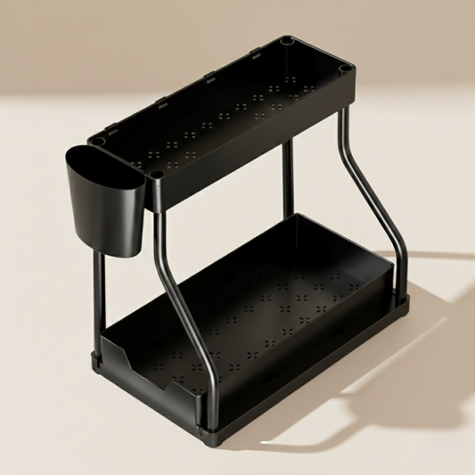 Módulo de gestión bajo fregadero Falasys negro con bandejas y taza lateral vista 3/4 superior frontal